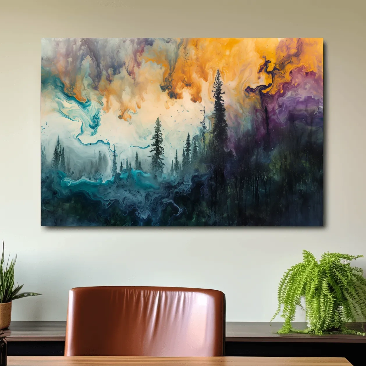 Abstract foggy forest painting, swirling colors and smoke