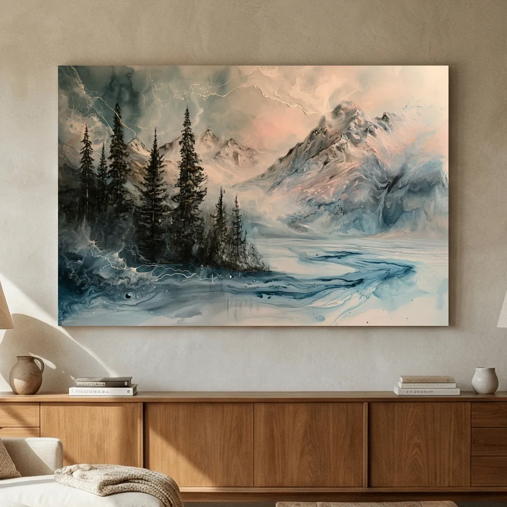 Ethereal Mountain Lake Alpine Forest - Moody Abstract Alcohol Ink Wall Art