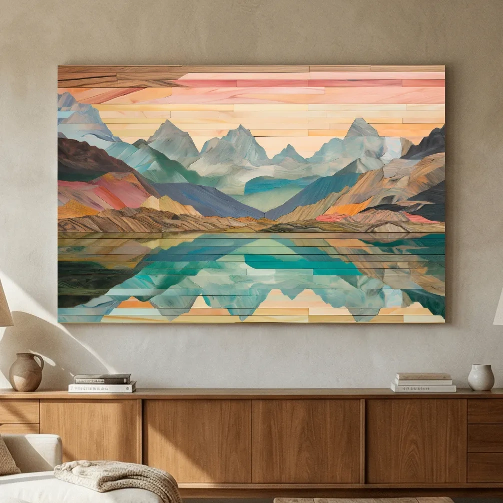 Alpine Lake Mountain Reflection - Layered Wooden Style Landscape Wall Art