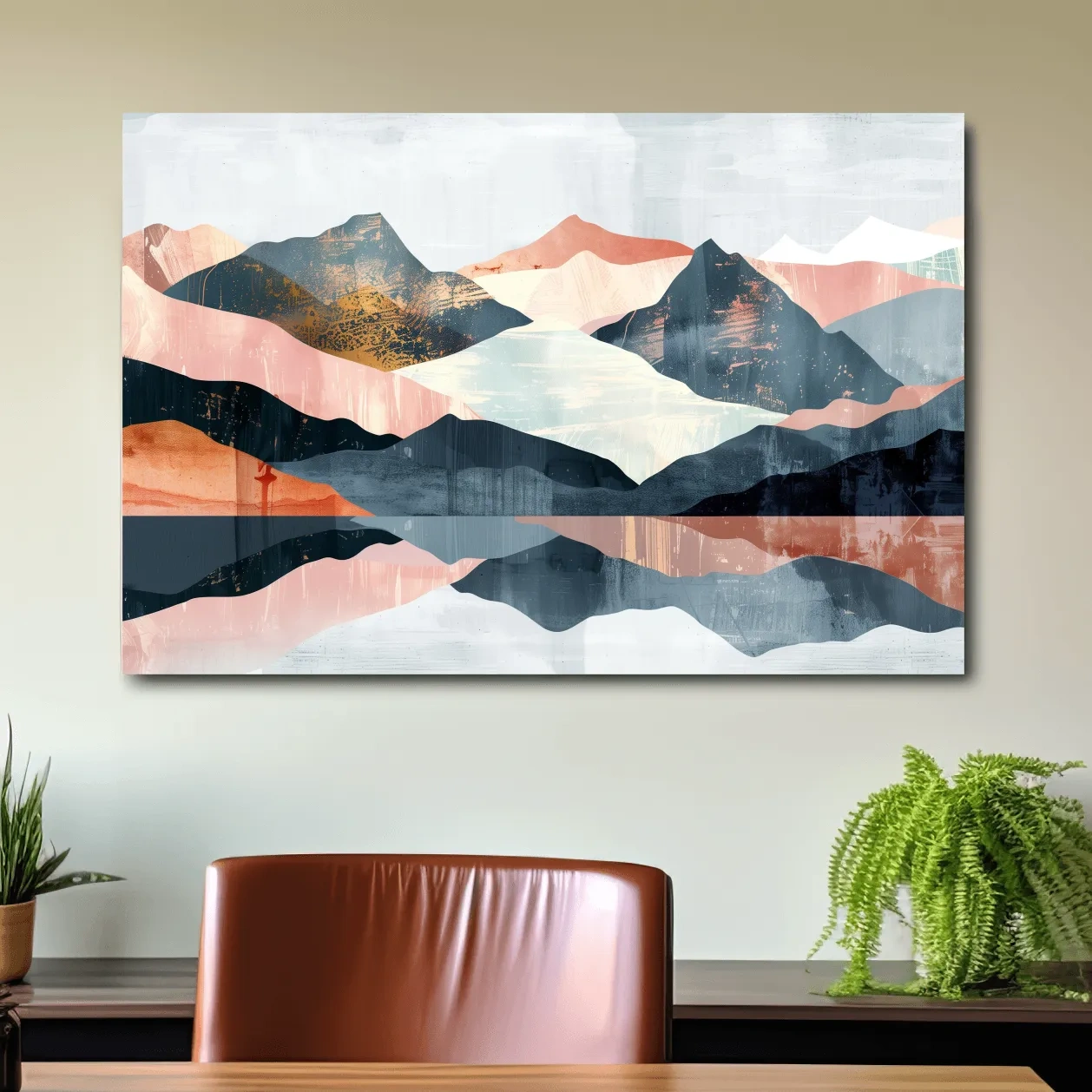 Abstract mountain painting, mid century style artwork