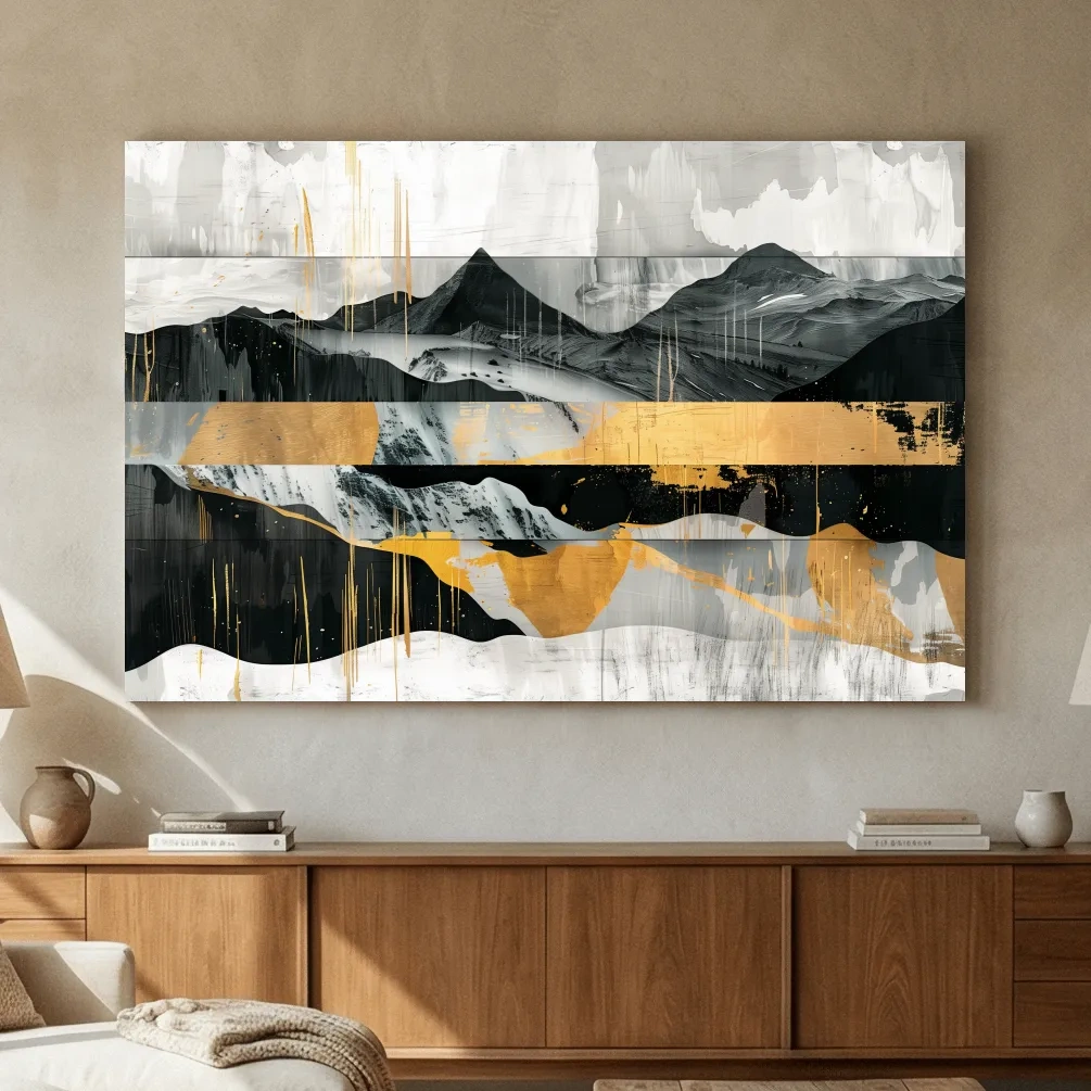 Abstract Monochrome Mountain Range With Gold Accents - Modern Mixed Media Landscape Wall Art