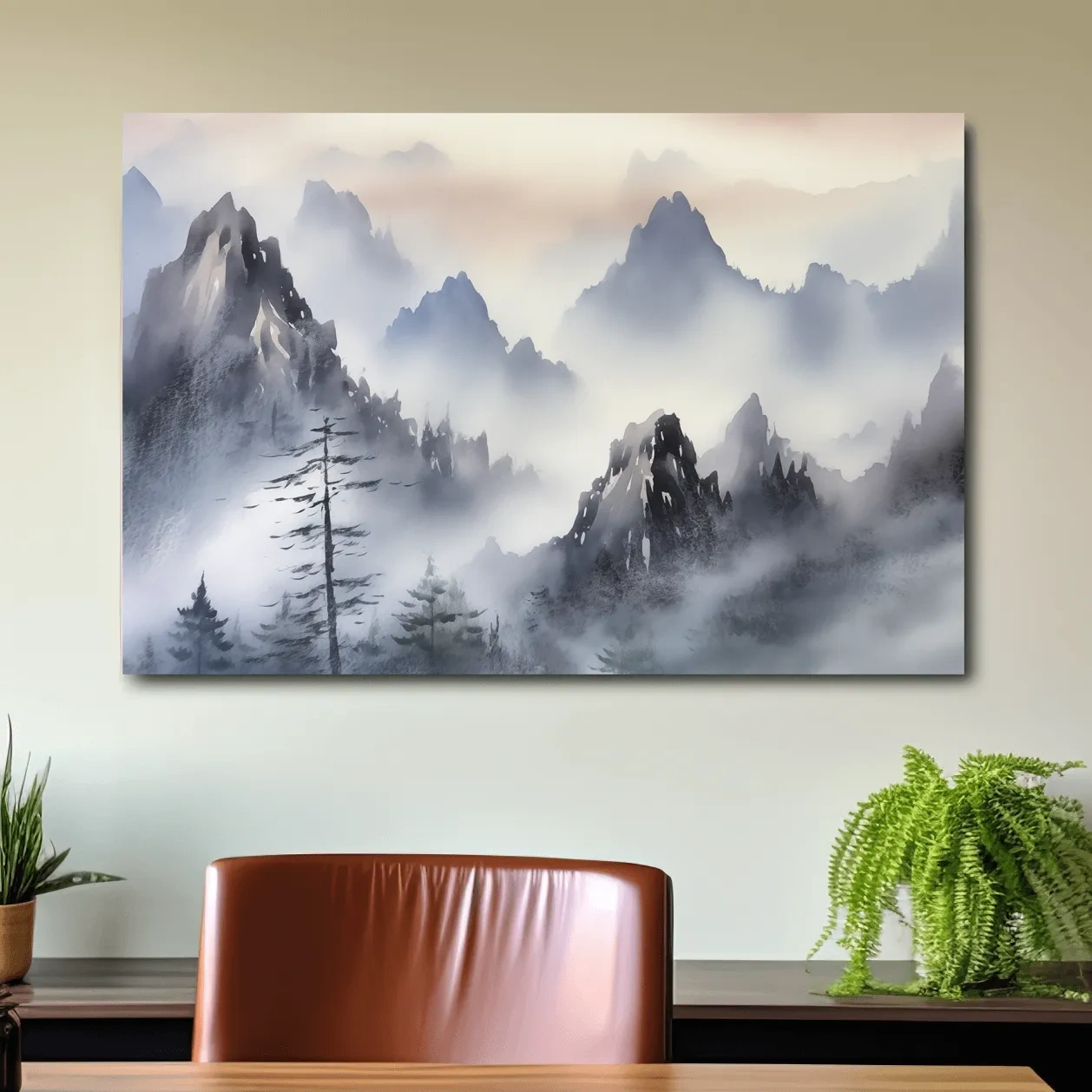 Chinese traditional ink wash style watercolour painting of foggy mountains