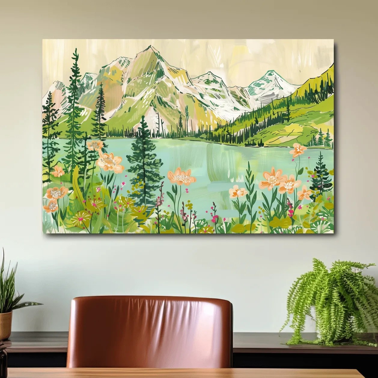 Whimsical Alpine Lake Wildflower Stylized Painting - Mountain Meadows Wall Art
