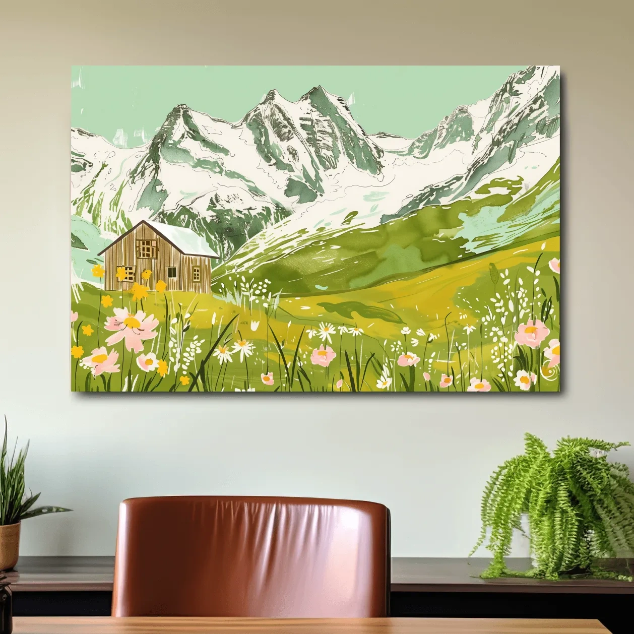 Alpine cabin artwork, flowers and glacier, stylized sketch painting style
