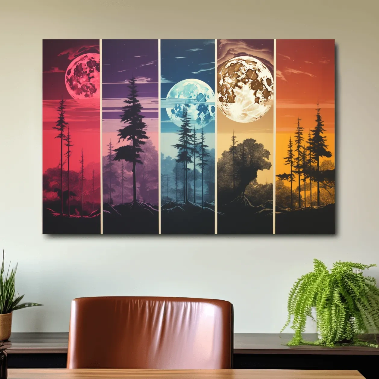 Multipanel colorful treeline under the moonlit sky, risograph style artwork