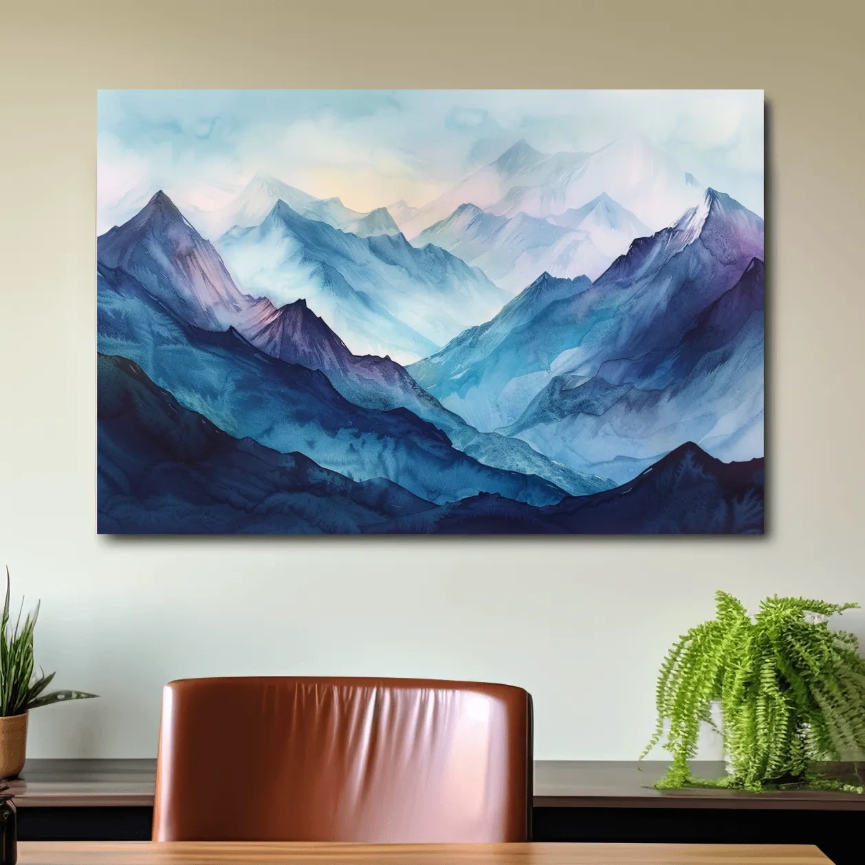 Watercolour mountain painting, colourful mountain landscape artwork