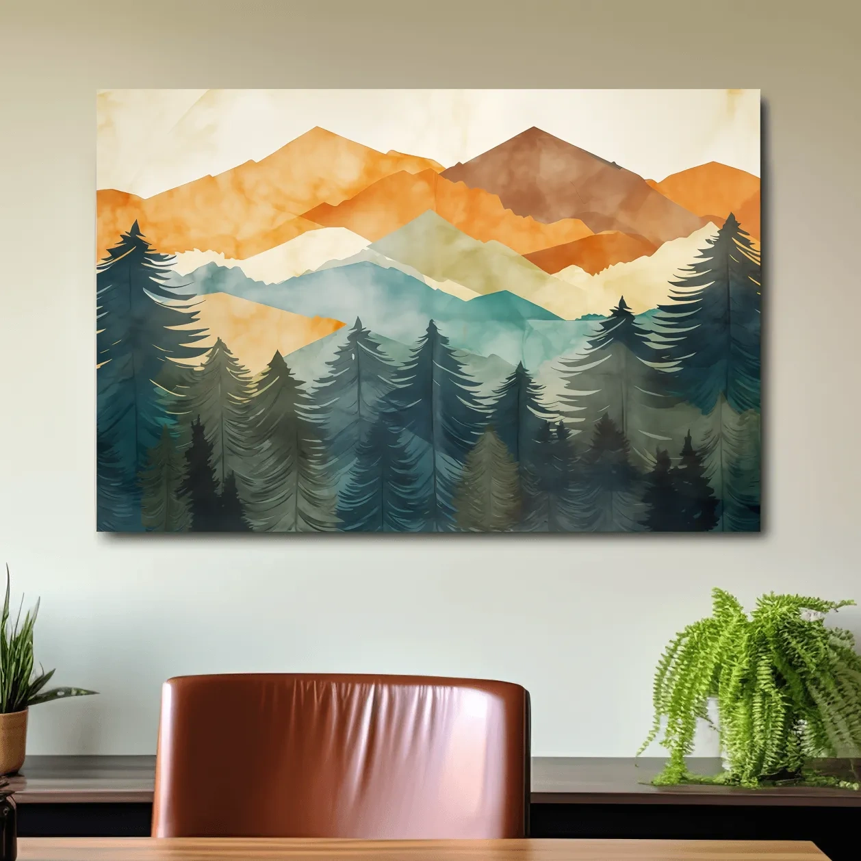 Abstract watercolor painting, mountains and forest