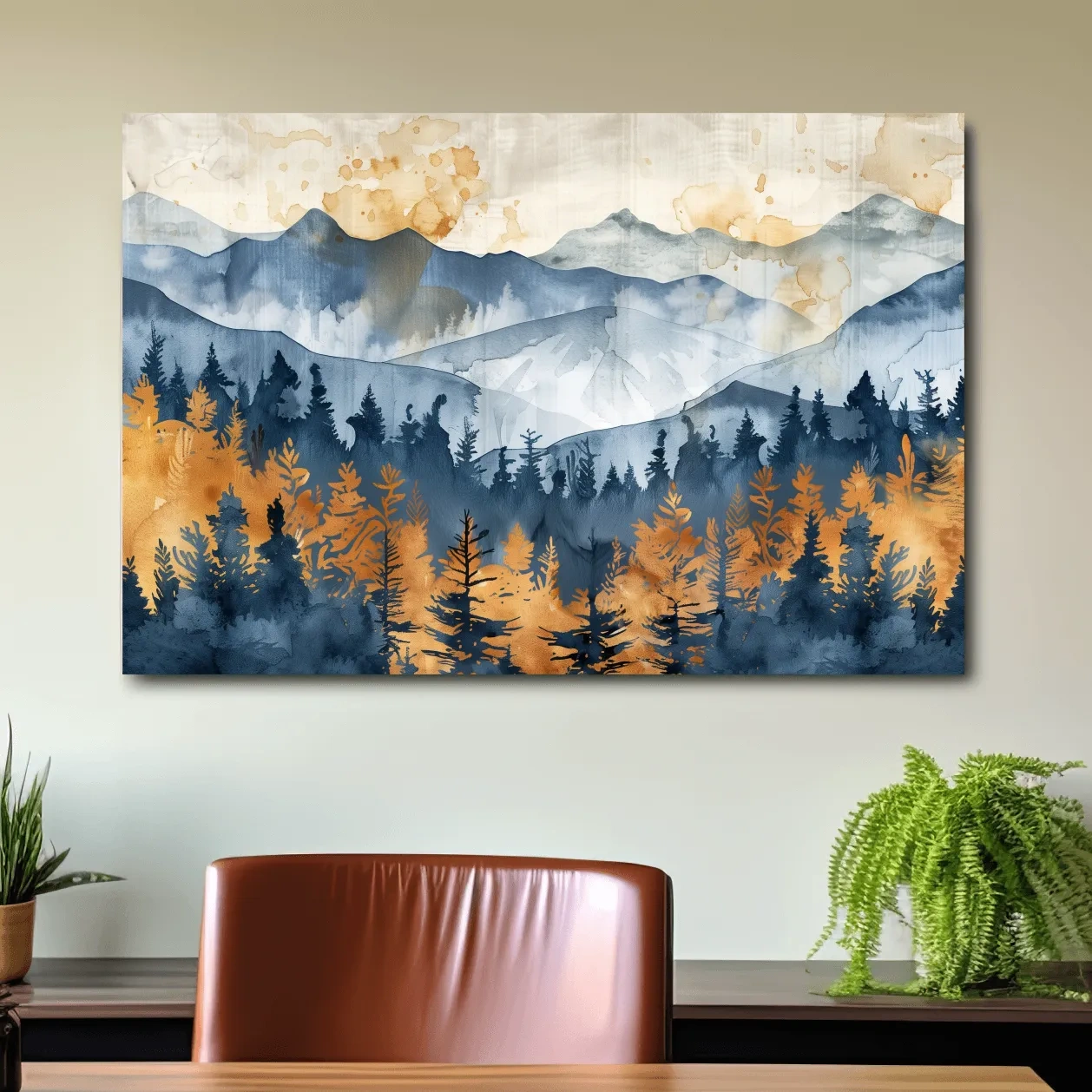 Watercolor Mountain Forest Landscape - Abstract Golden Autumn Pines Wall Art