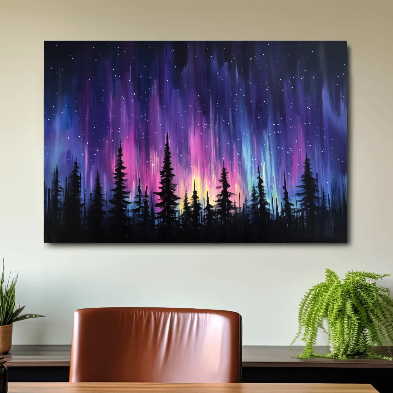 Painting of silhouetted trees against purple and pink northern lights sky