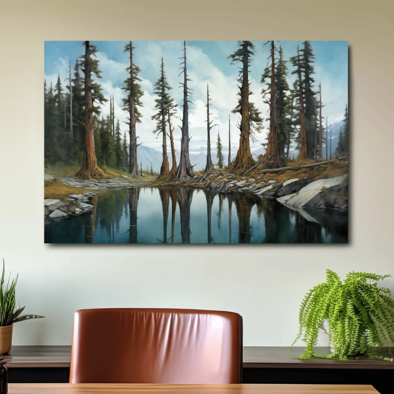Painting of a line of trees beside a lake and mountains