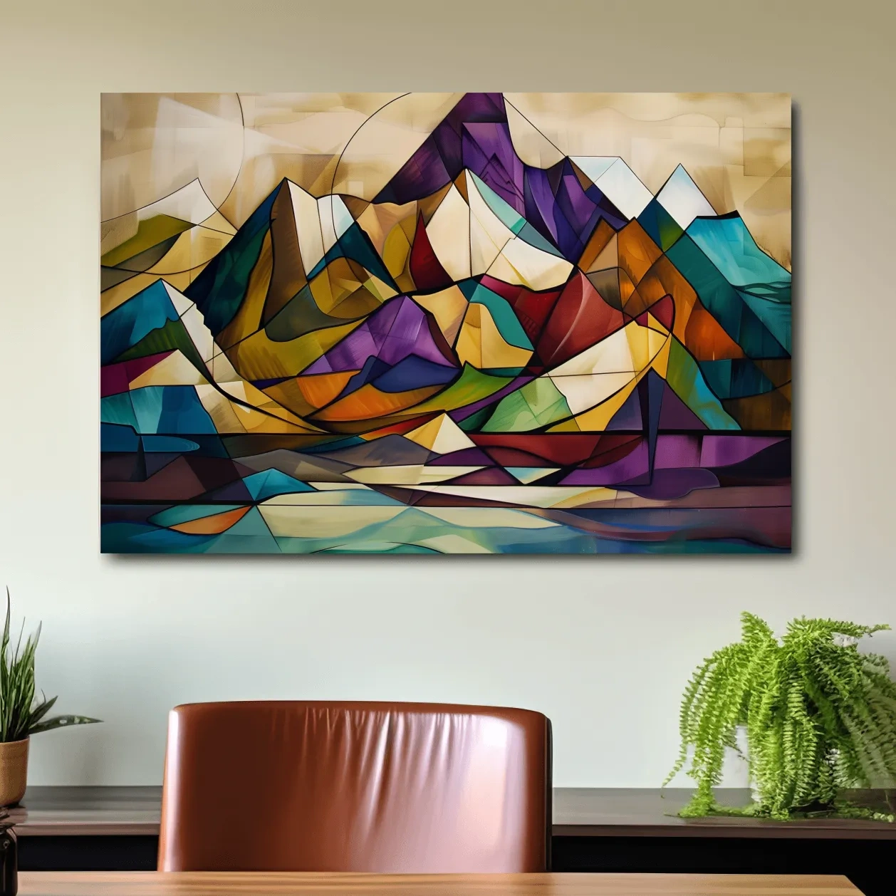 Vibrant Leadlight Style Mountain Range Painting - Abstract Colorful Stained Glass Wall Art