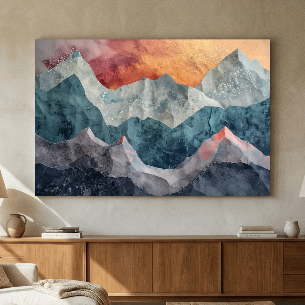 Layered Abstract Mountain Range Sunset - Modern 3D Mixed Media Landscape Wall Art