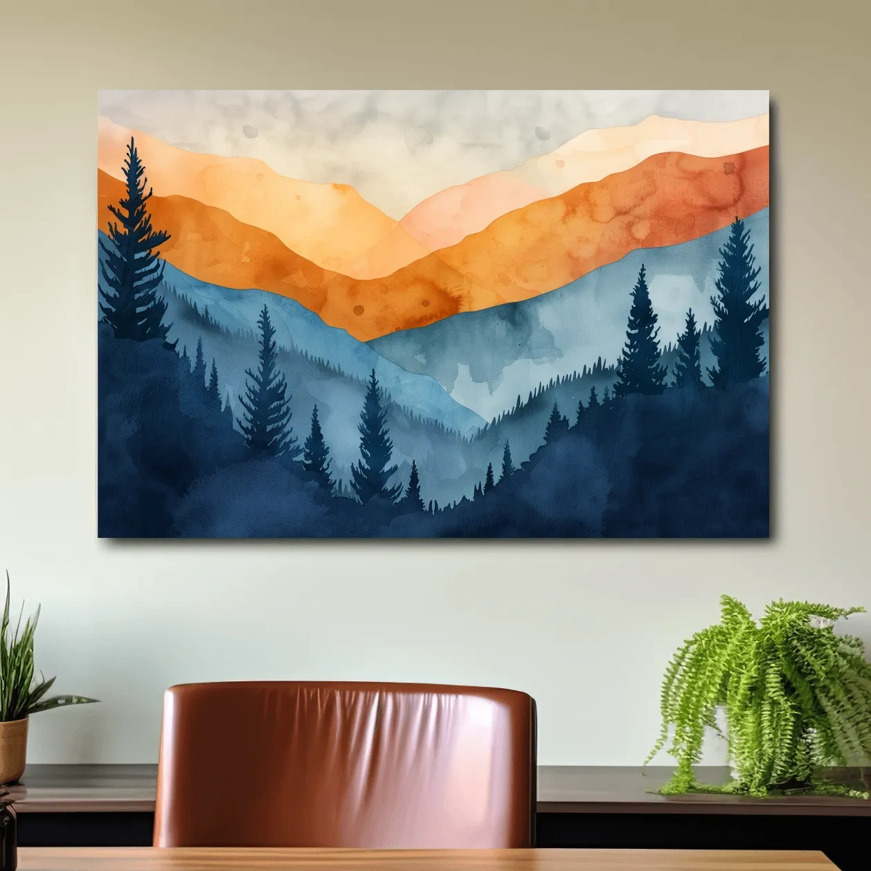 Mountain landscape and forest watercolour painting wall art