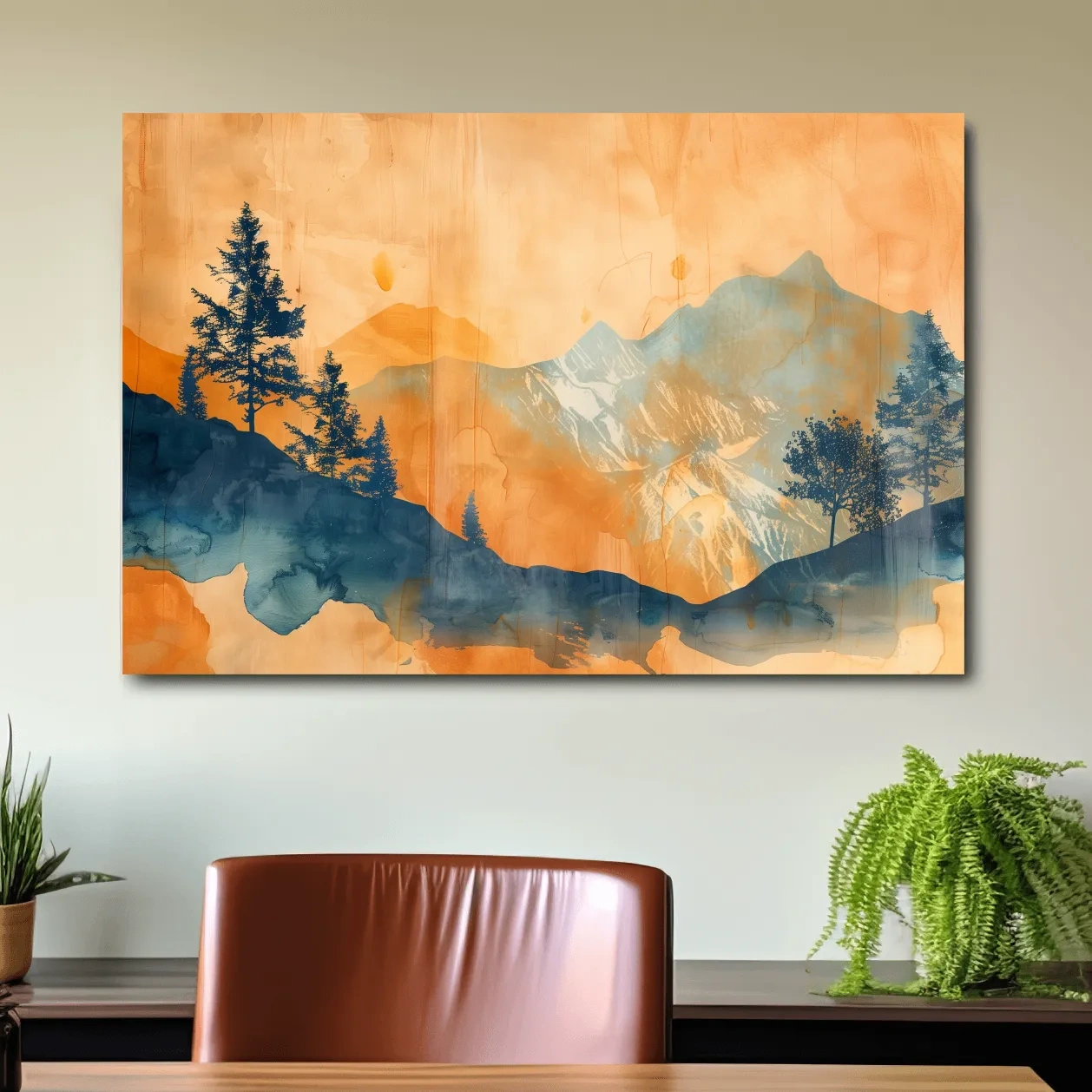 Abstract watercolor painting wall art, trees, mountains and glacier