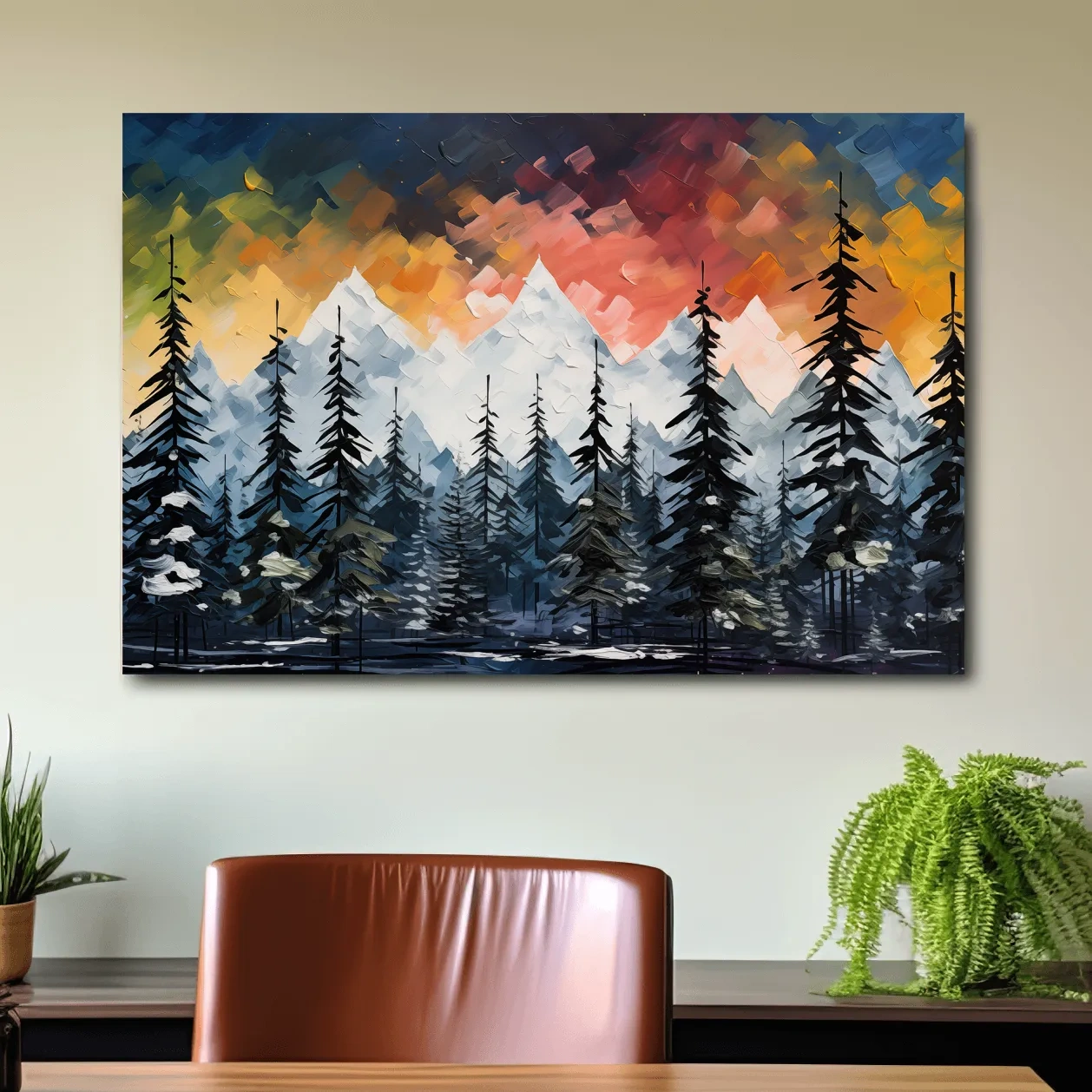 Bold textured palette knife effect impasto sunset mountain painting, treeline in the alpine