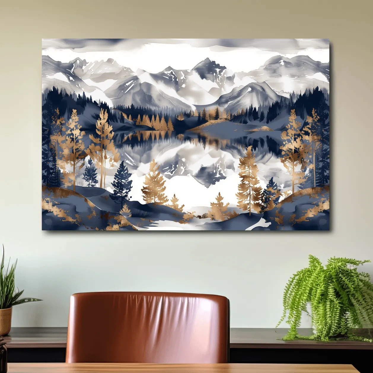 Gold leaf style alpine lake and mountain wall art painting