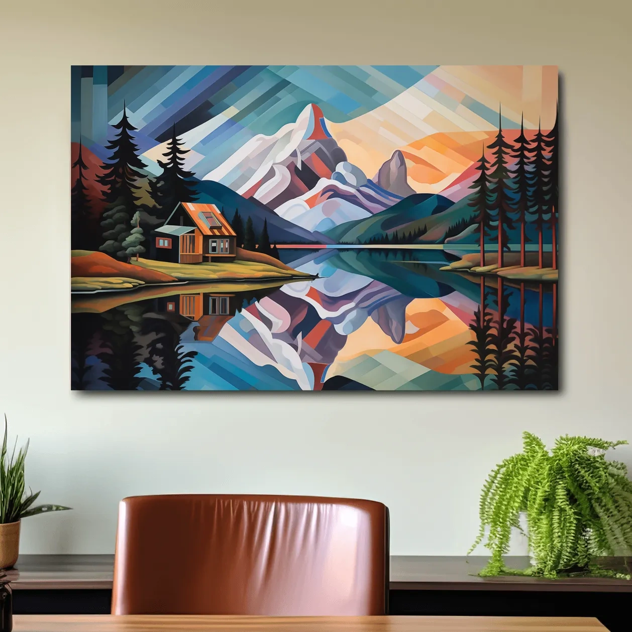 Abstract oil painting of a cabin by a lake at sunset