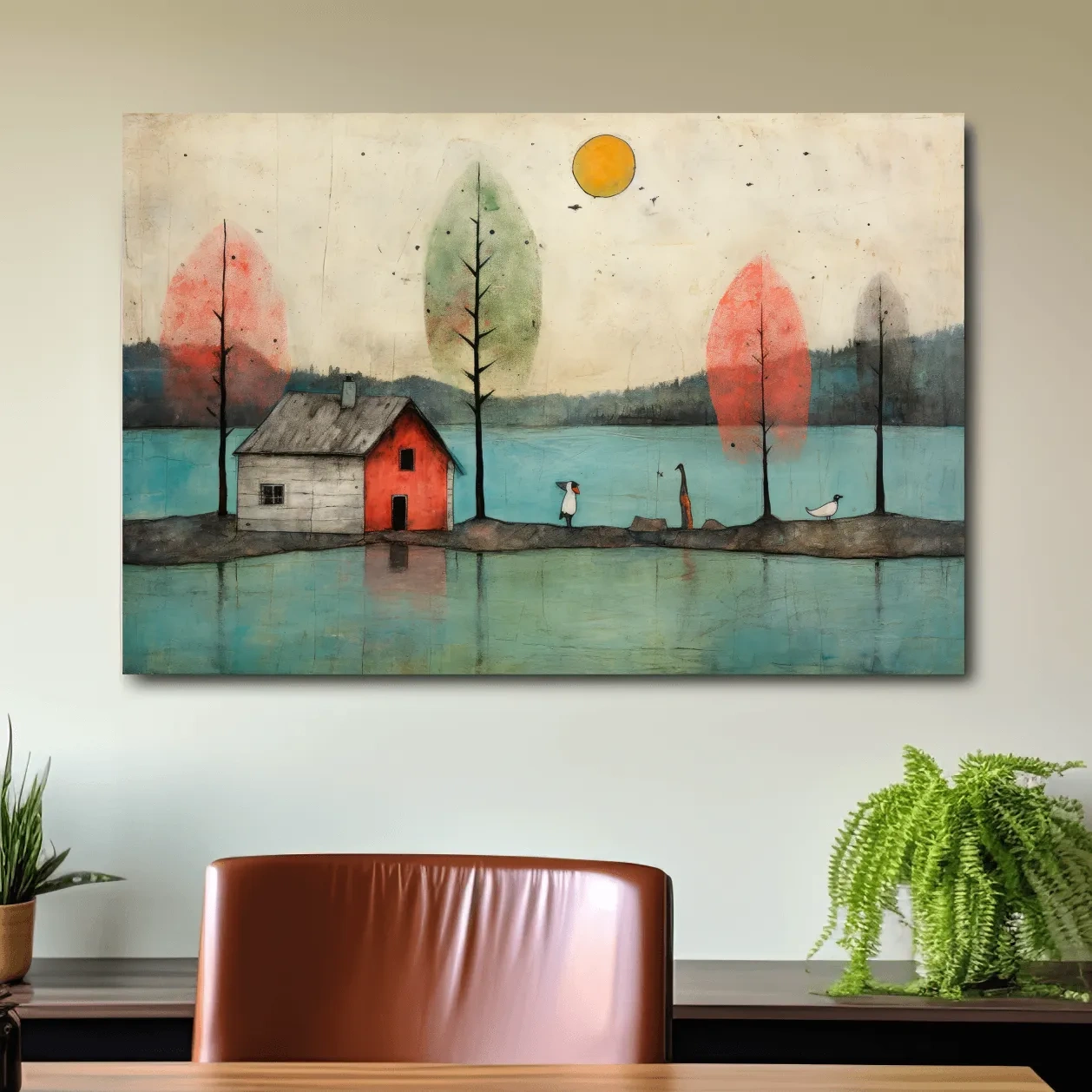 Painting of a quirky cabin on the lake, textured effect