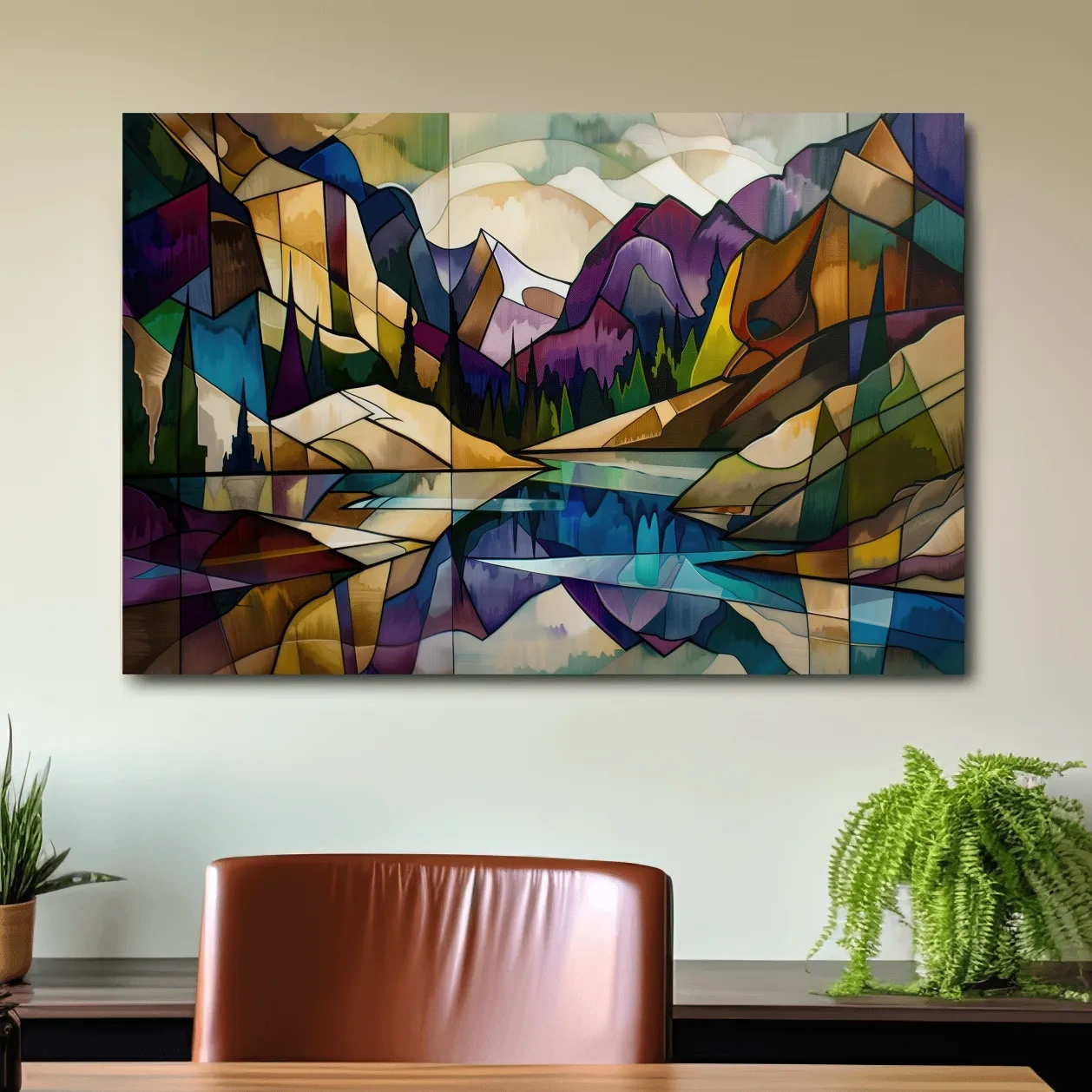 Alpine lake mountain art, colorful abstract leadlight style painting