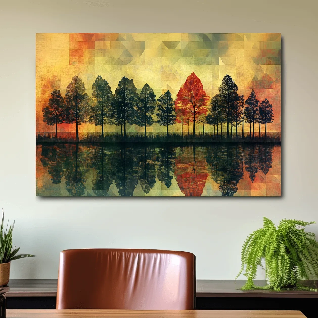 Abstract Geometric Autumn Forest Reflection - Modern Mosaic Landscape Artwork