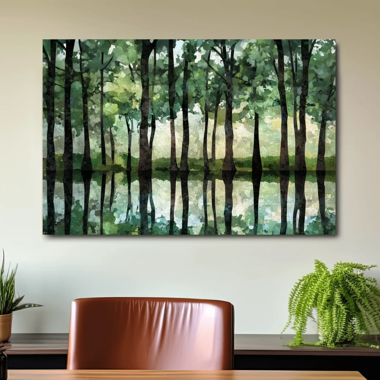 Mosaic Watercolor Forest Lake Reflection - Serene Nature Landscape Wall Art