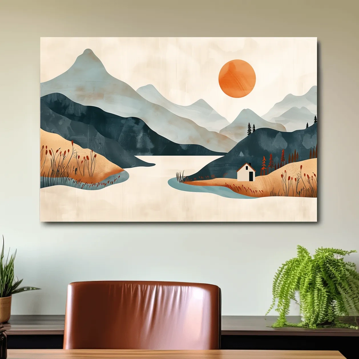 Minimalist Mountain Sunset Lake Cabin Illustration - Modern Scandinavian Wall Art