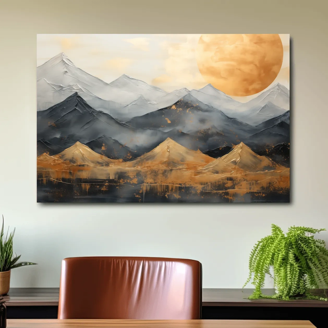 Elegant gold leaf style painting of mountain scenery