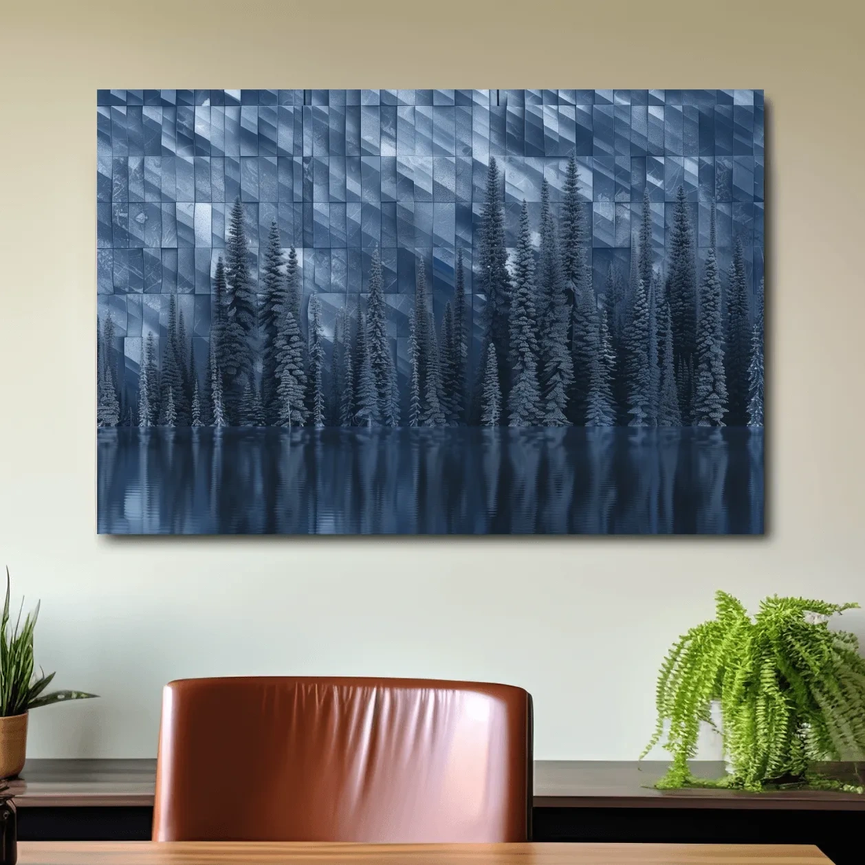 Digital forest artwork, trees reflecting on the lake, tessellated mosaic effect