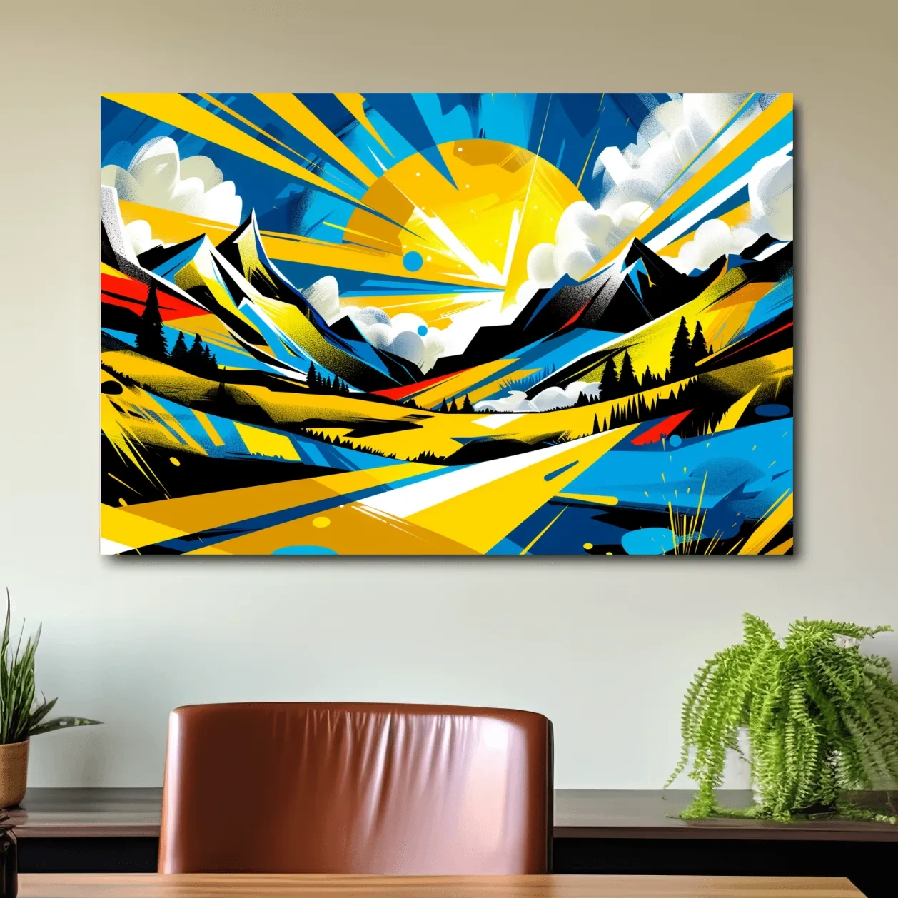 Vibrant Geometric Graffiti Mountain Sunset Landscape - Bold Pop Art Style Wall Art