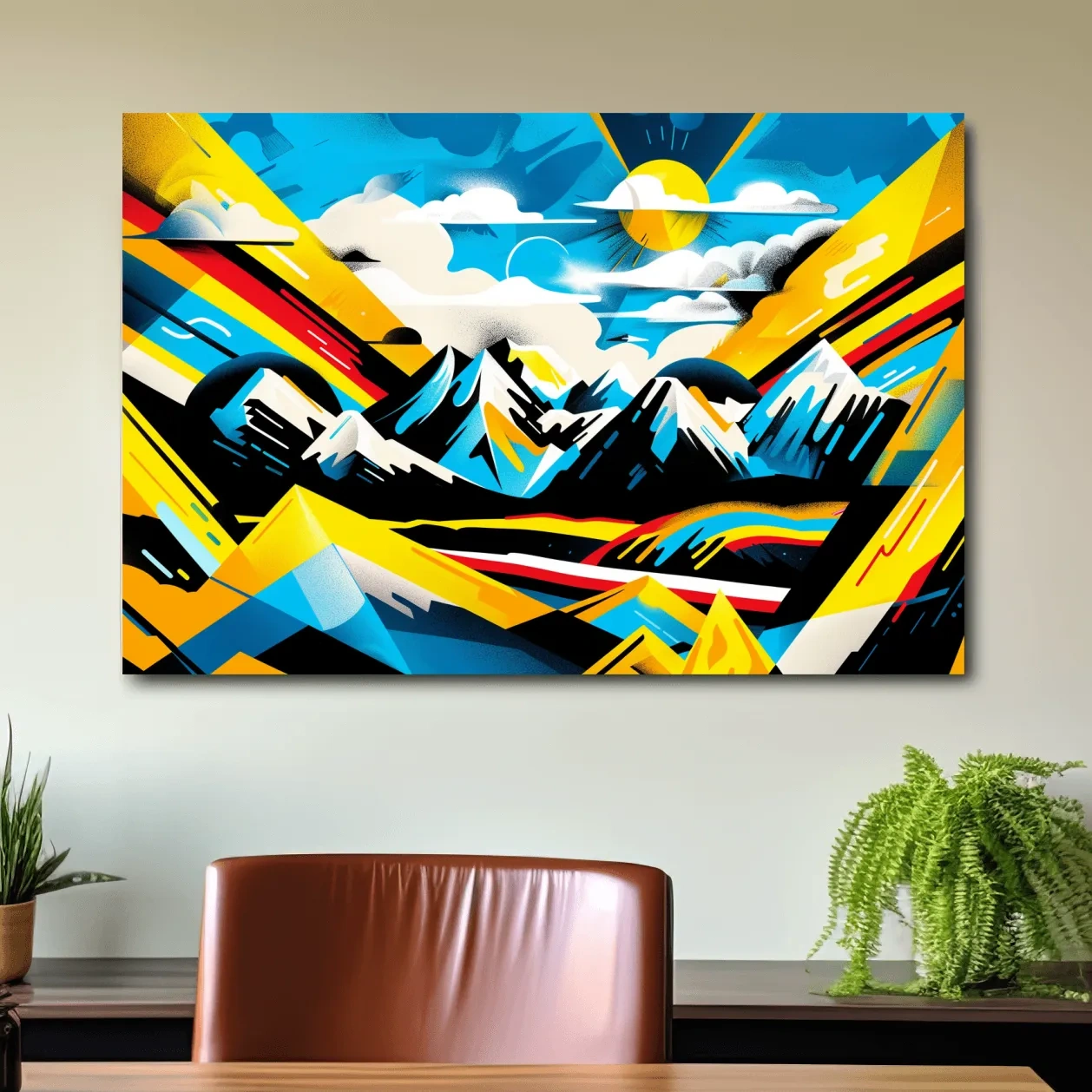 Vibrant bright colorful sunset mountain wall art, graffiti style illustration artwork
