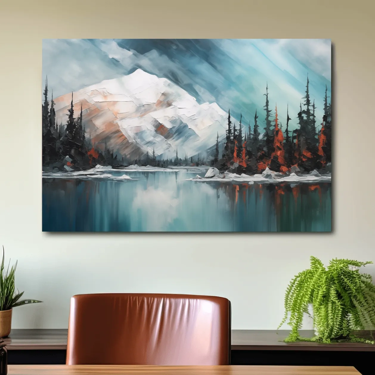Alpine Glacier Lake Impasto Style Painting - Textured Forest Wall Art