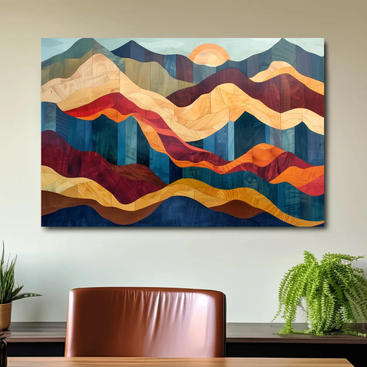 Wood intarsia style wall art, colorful mountain patterns with wood grain effect