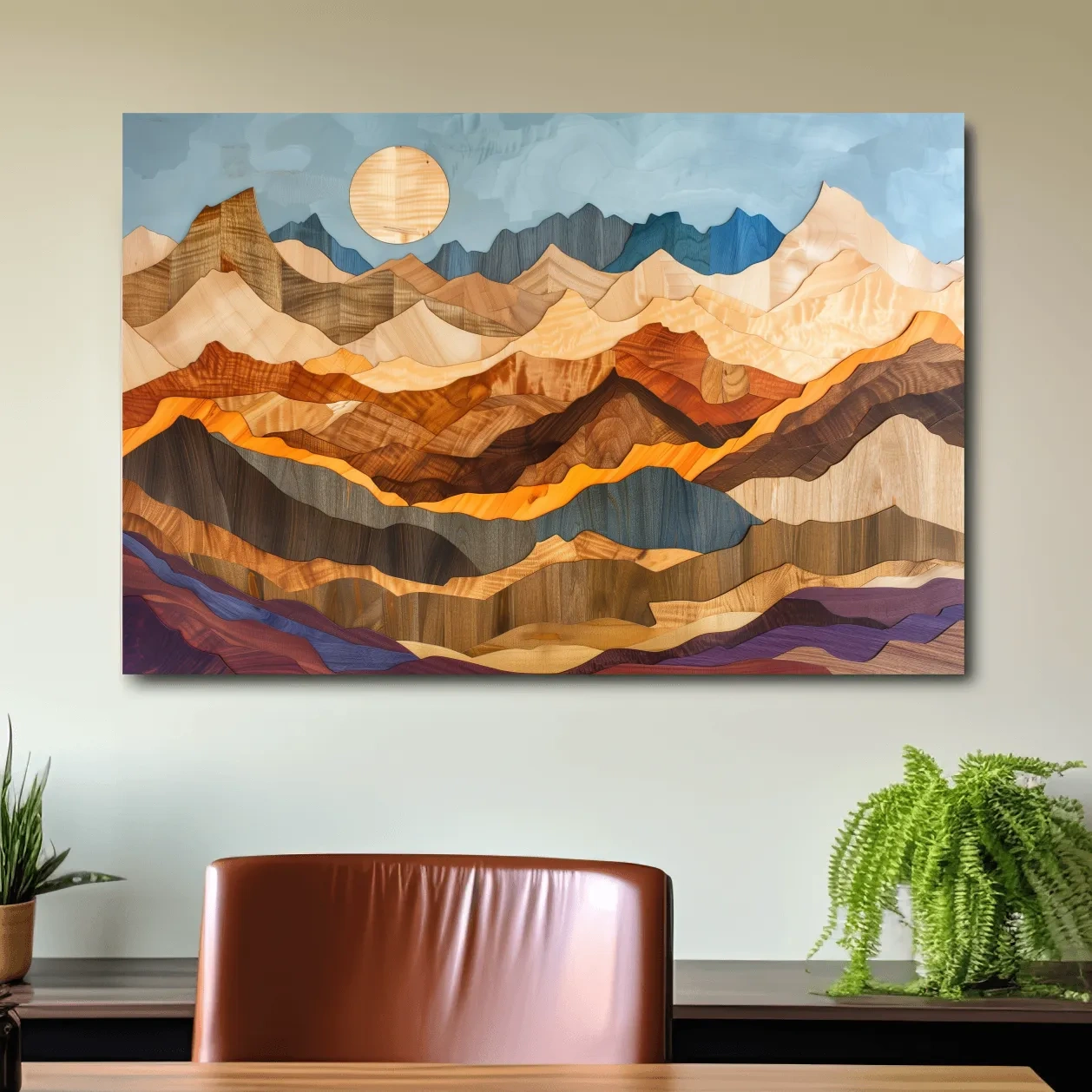 Colorful mountain patterns, 3d layered effect wood intarsia style canvas art