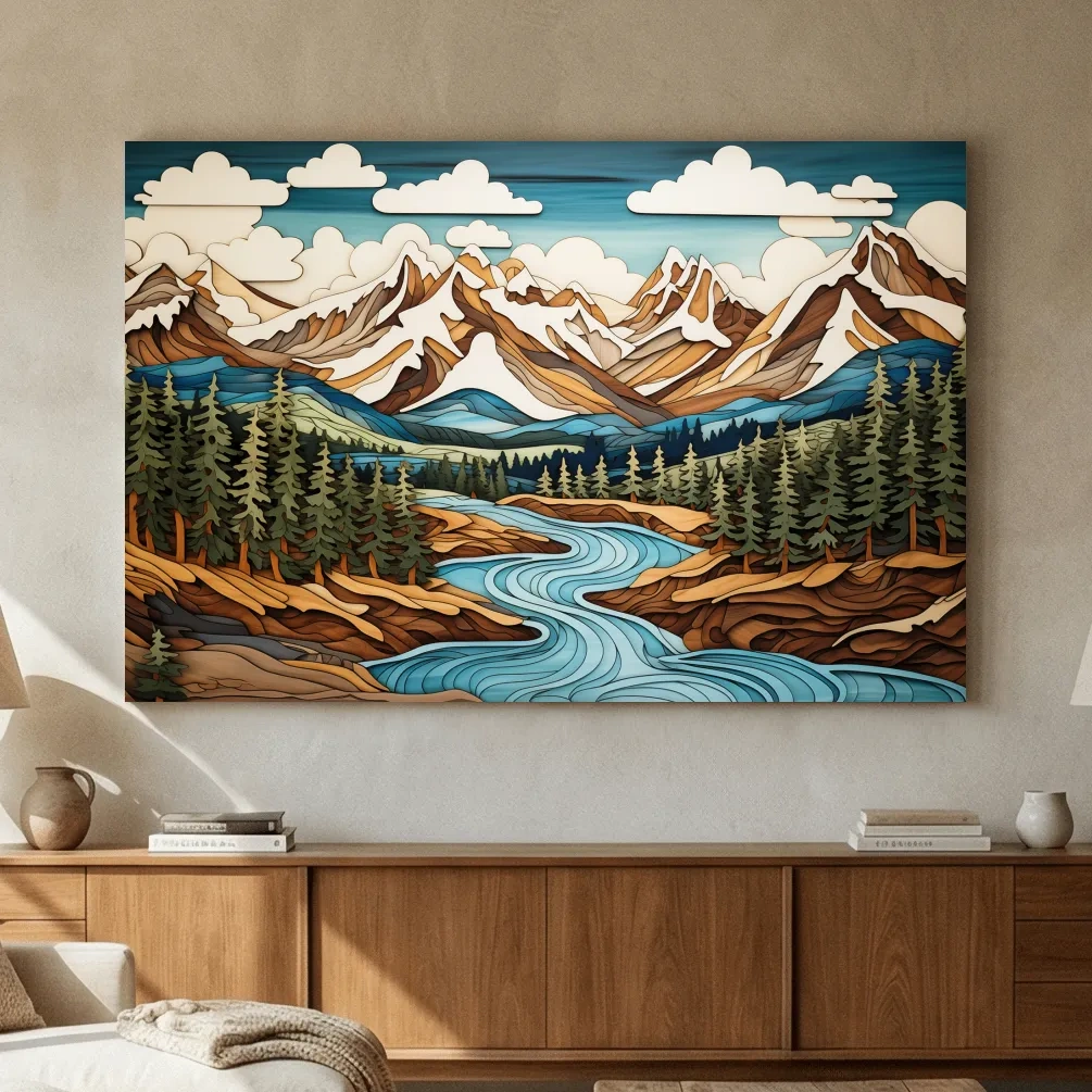 Intarsia Style Mountain River Landscape - Rustic Alpine Forest Artwork