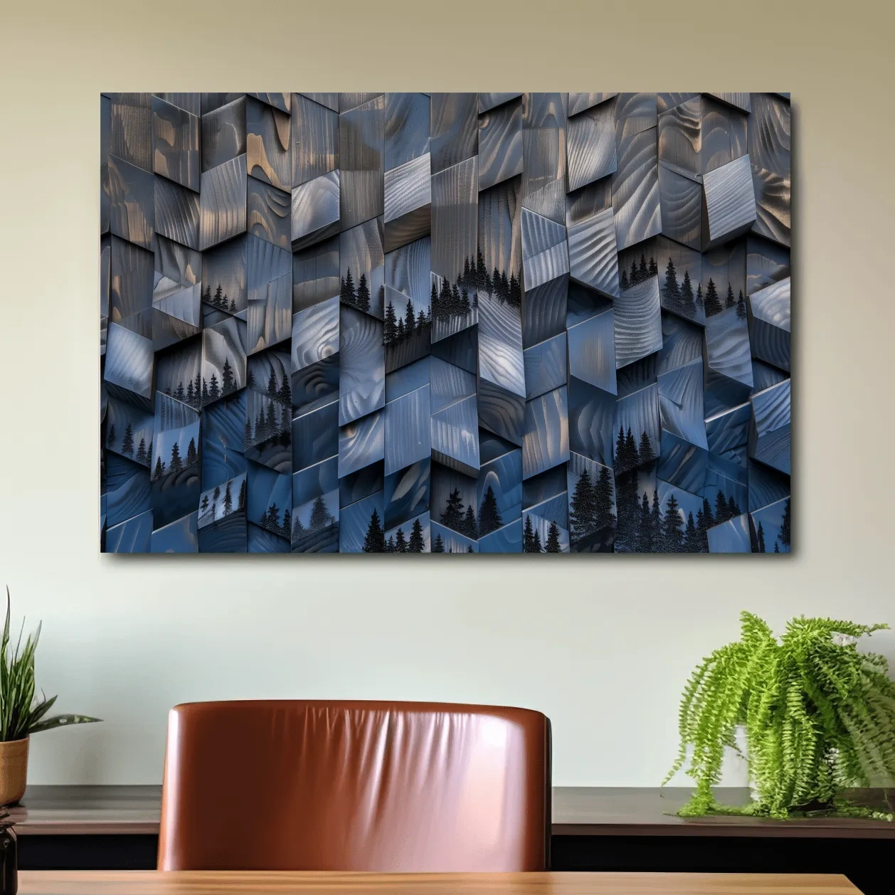 Wood Block Mountain Forest Collage - 3D Effect Abstract Landscape Wall Art