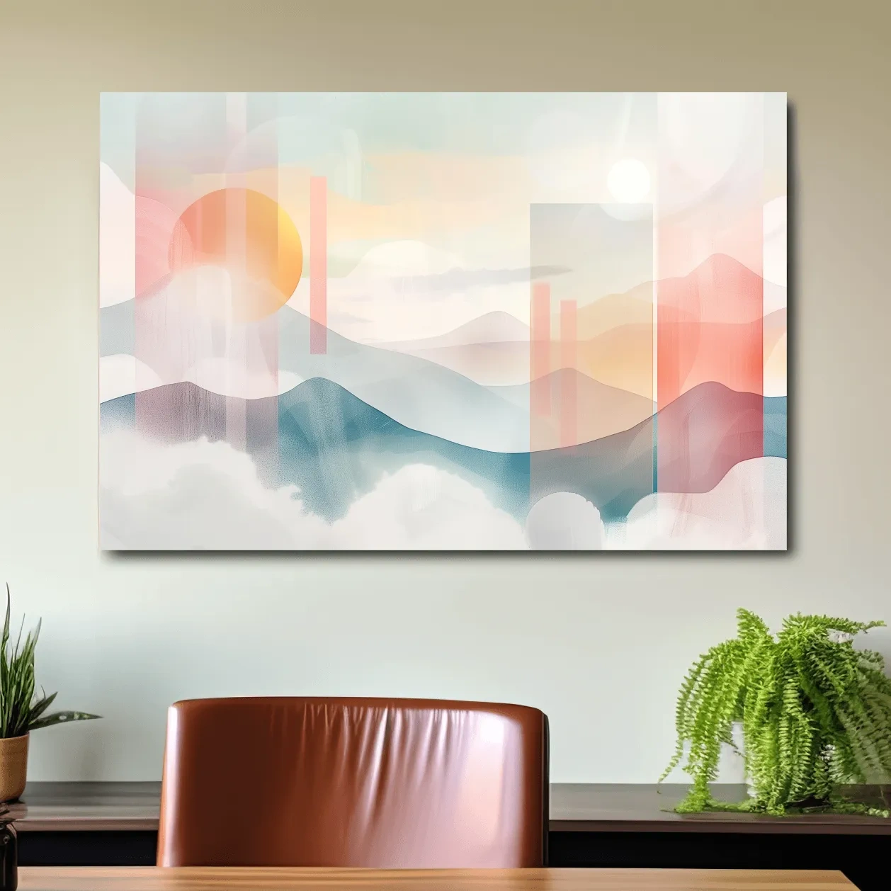 Abstract Pastel Mountain Sunrise Watercolor - Minimalist Geometric Wall Art