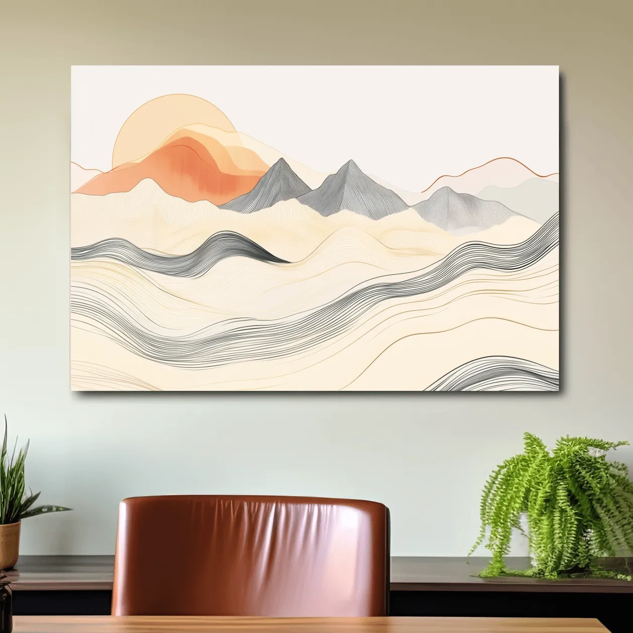 Mountain sunset wall art, abstract lineart illustration