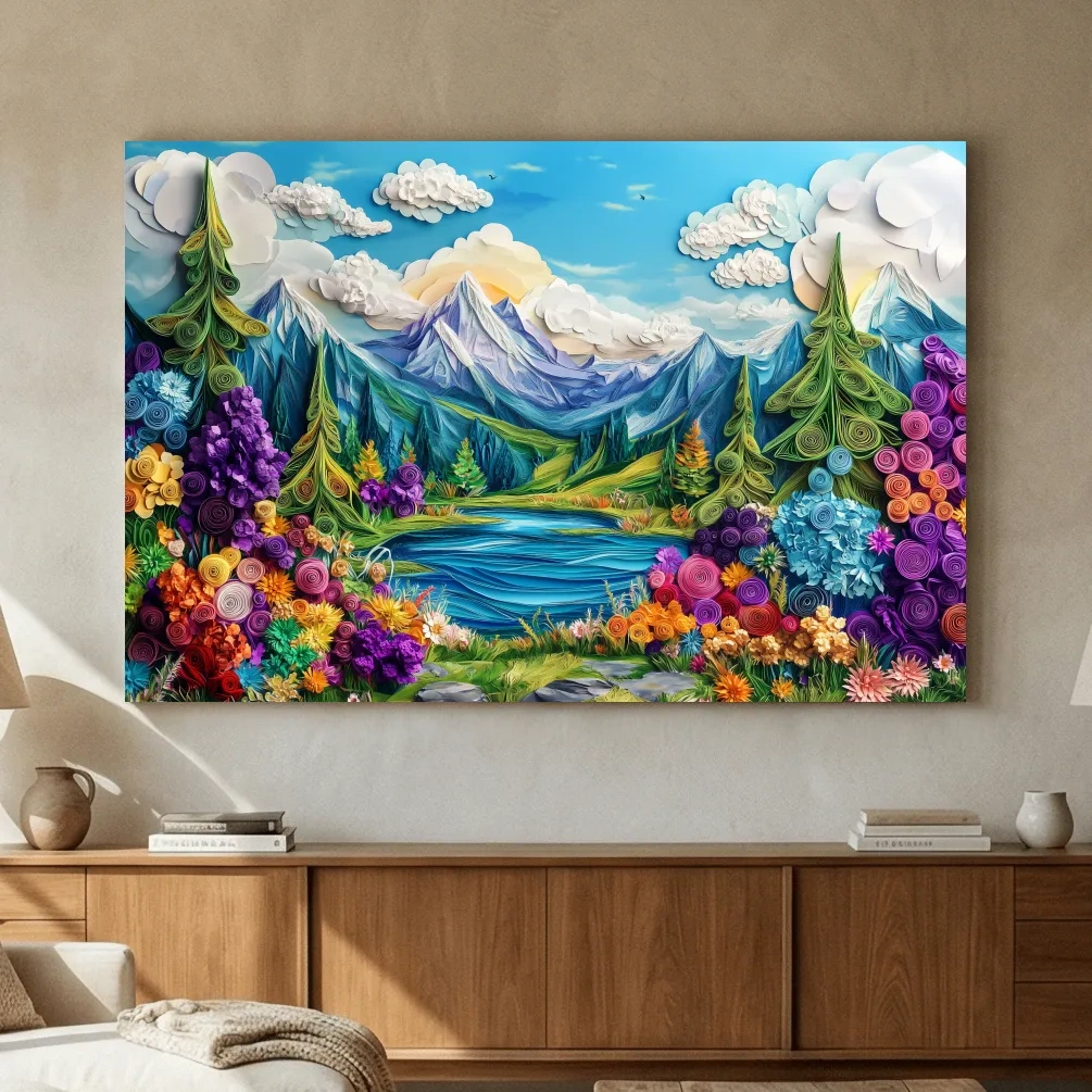 Colorful Paper Quilling Alpine Meadows Landscape - 3D Effect Nature Wall Art