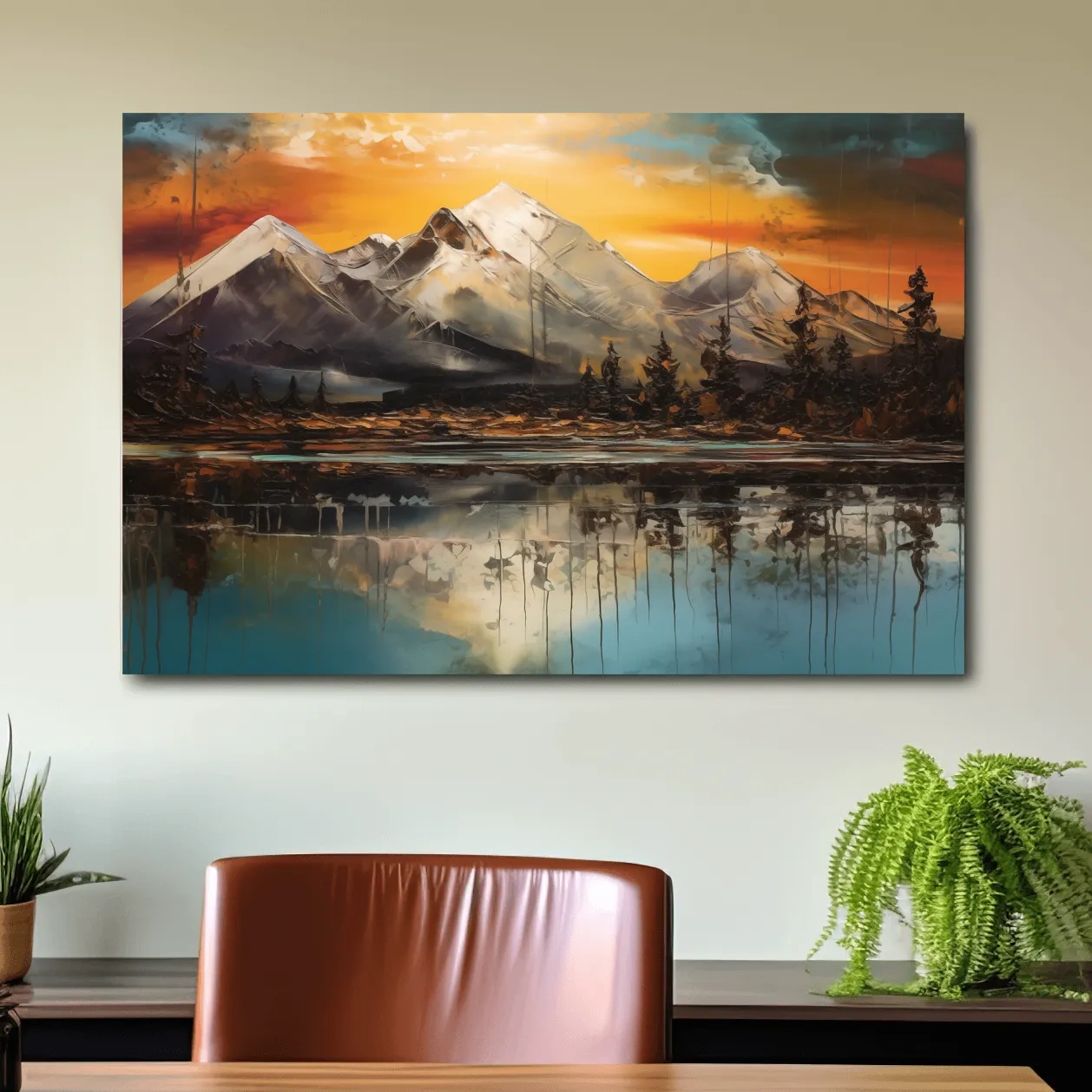 Abstract oil painting of an alpine lake at sunset