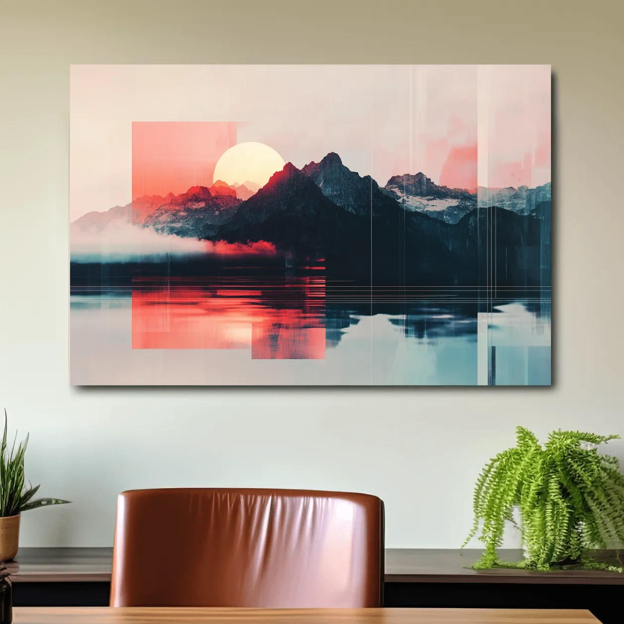 Sunset mountain wall art, glitch art effect