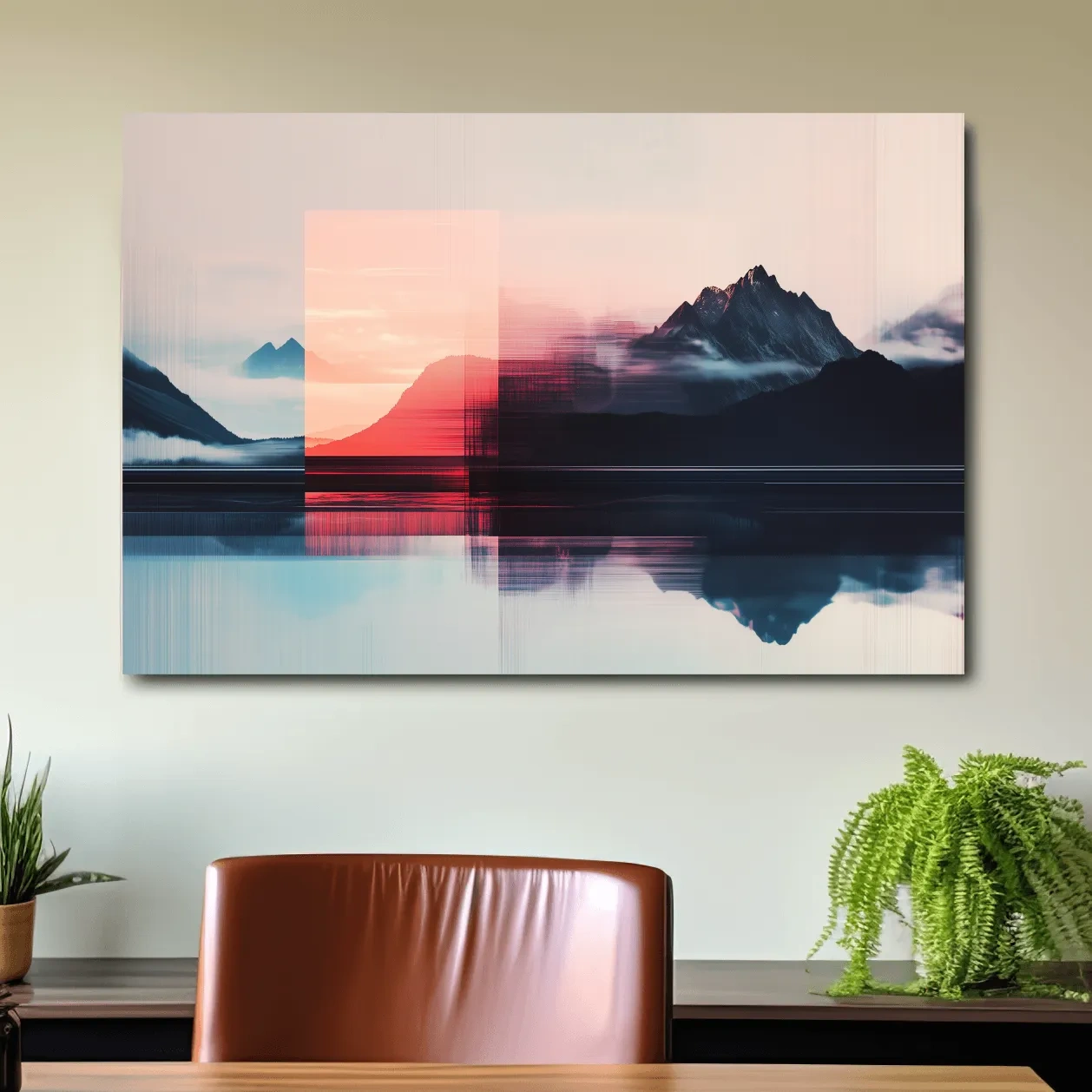 Mountains in the clouds at sunset, glitched wall art effect