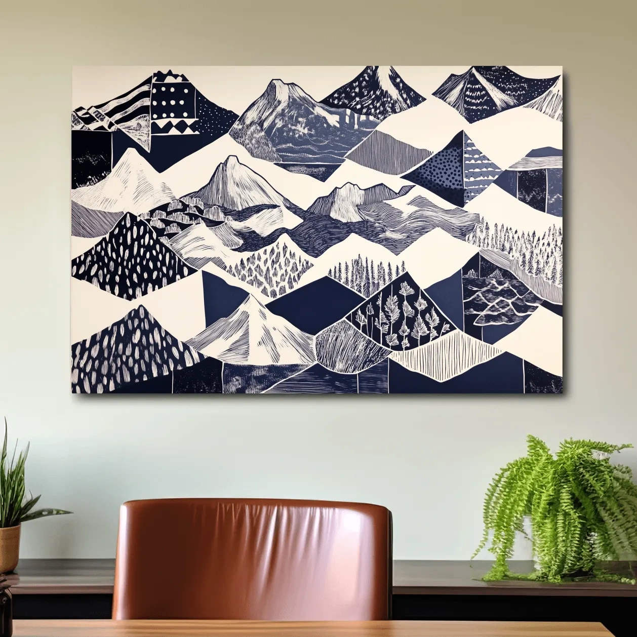 Linocut patchwork style mountain wall artwork print, black and white