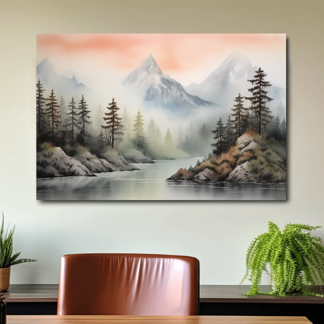 Misty Watercolor Mountain Lake Landscape - Serene Pine Forest Wall Art