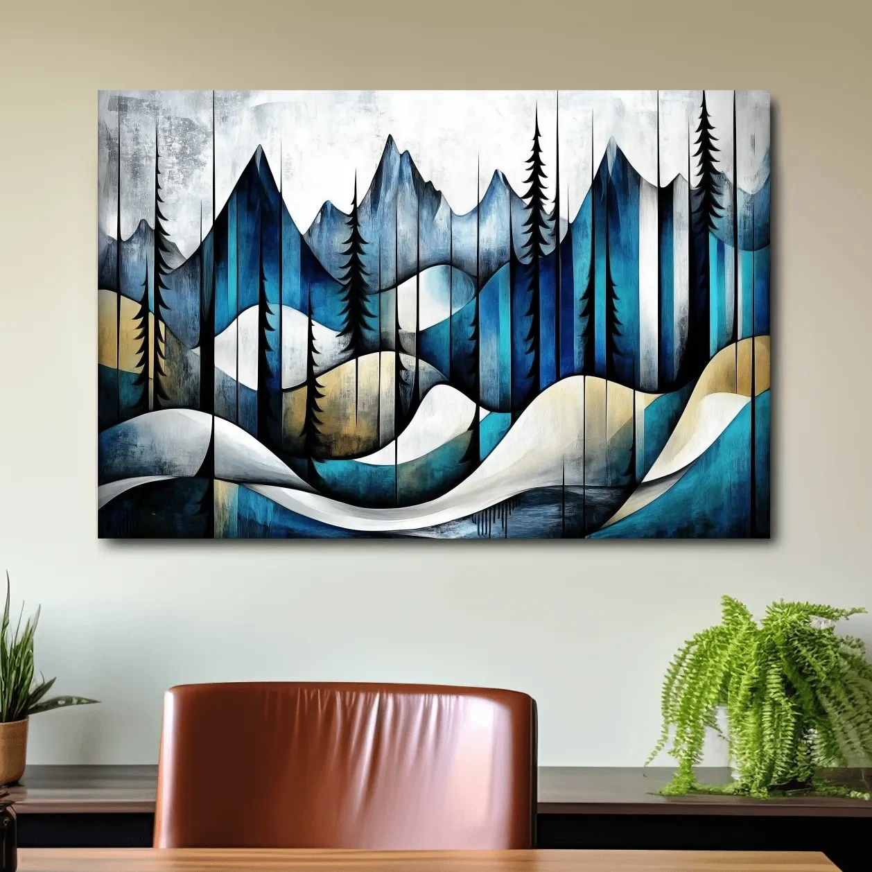 Abstract mountain painting, trees in the alpine, textured effect