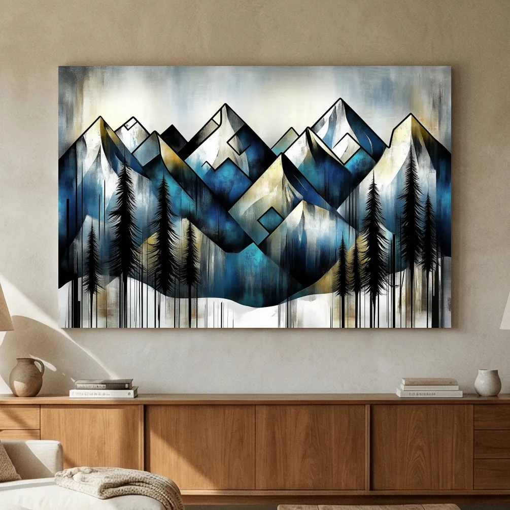 Geometric Mountain Peaks With Pine Trees - Modern Abstract Landscape Artwork
