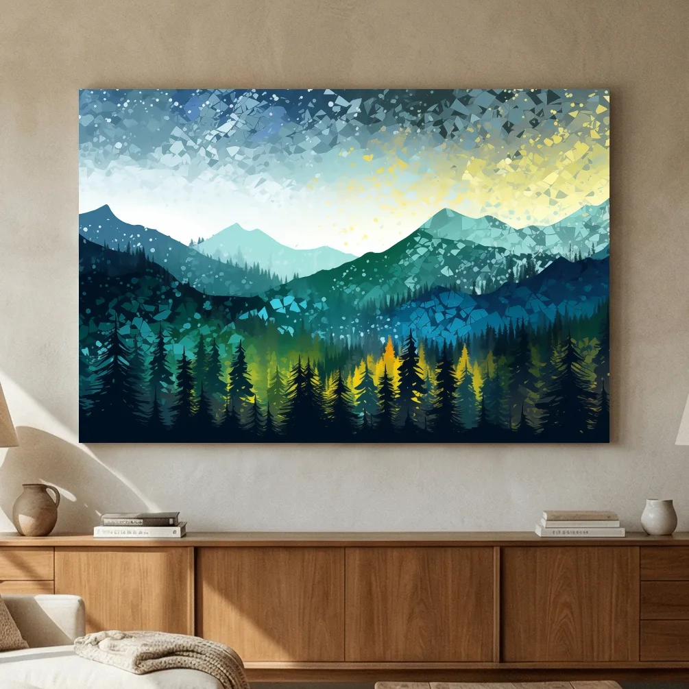 Geometric Mountain Forest Landscape - Abstract Mosaic Wall Art
