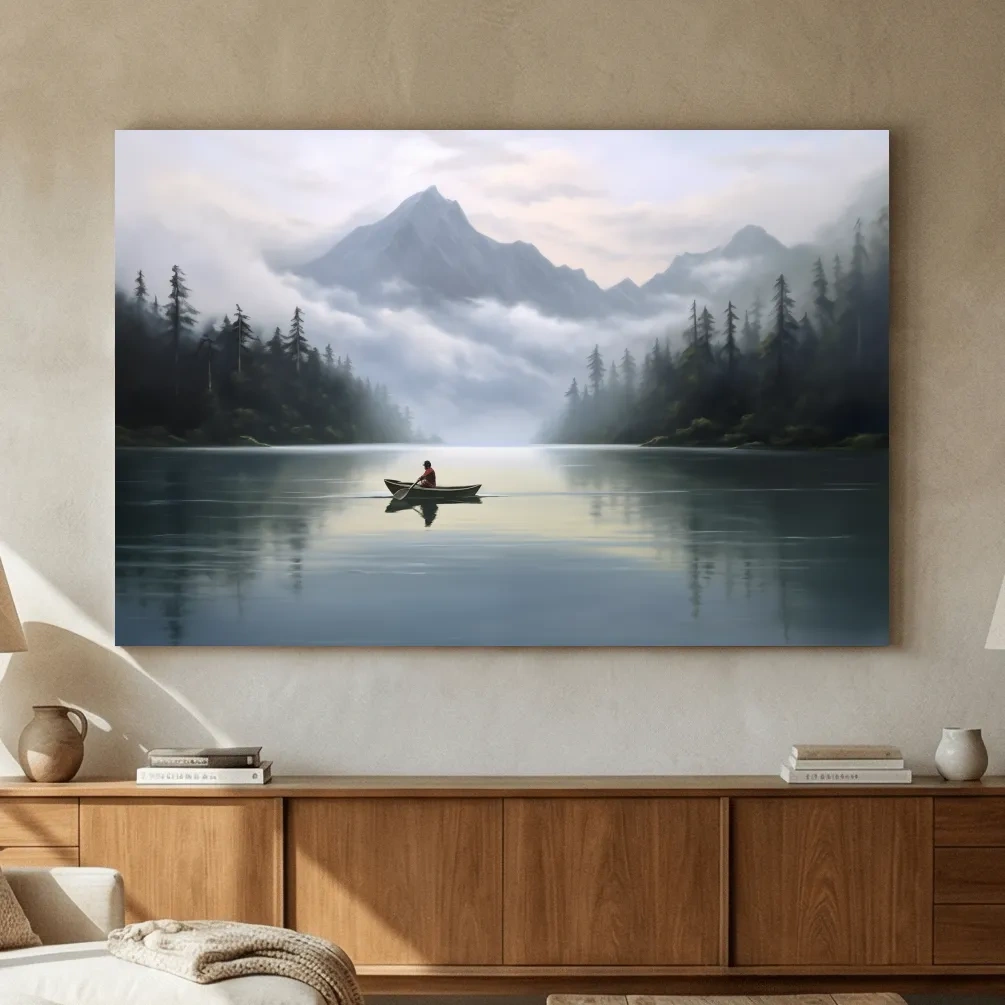 Misty Mountain Alpine Lake Canoe Scene - Serene Landscape Wall Art