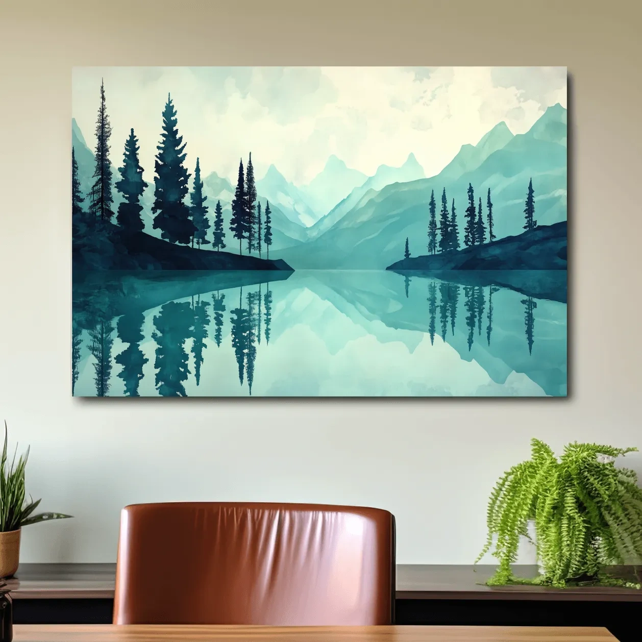 Watercolor painting wall art, view over a treelined alpine lake