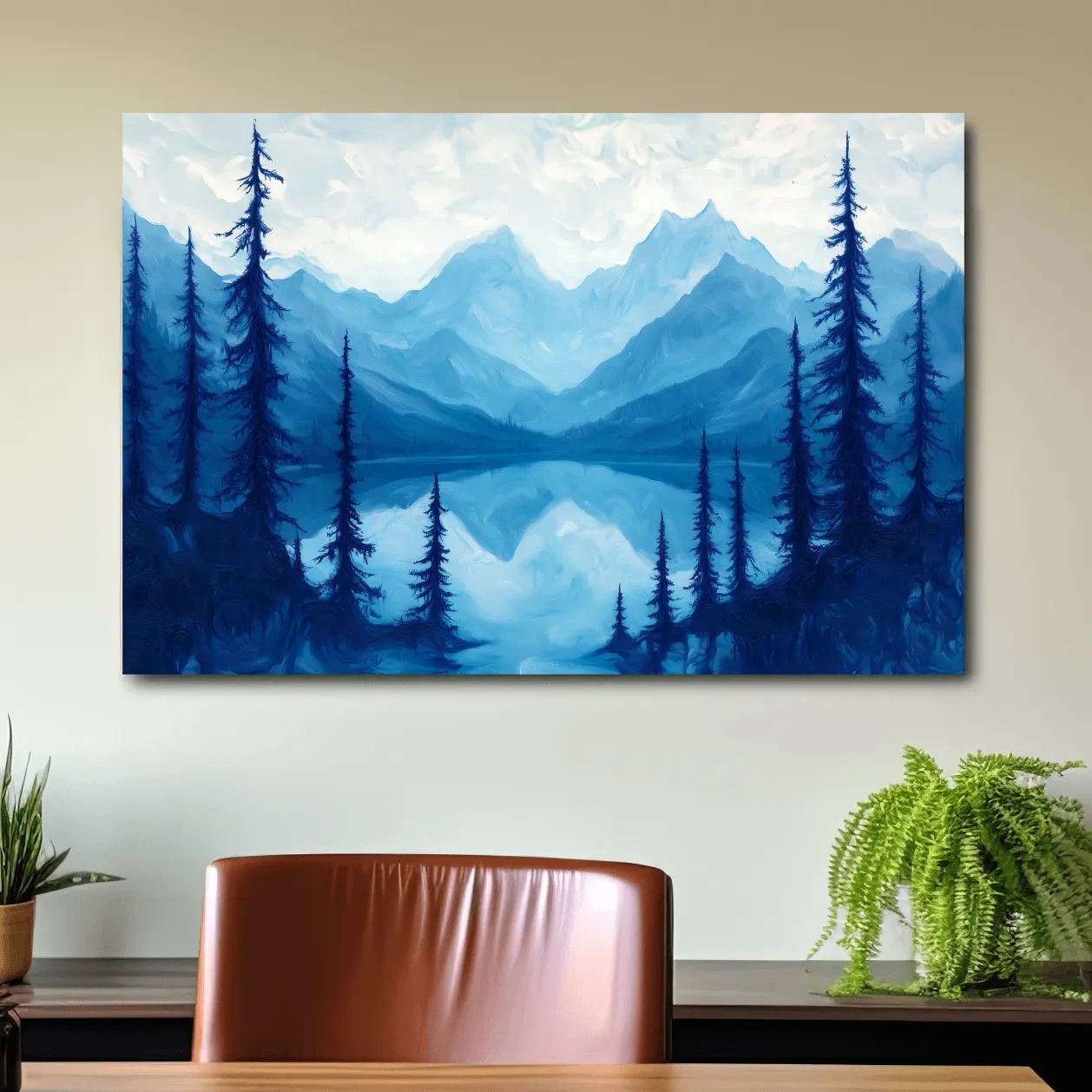 Oil painting artwork, view over an alpine lake in the mountains