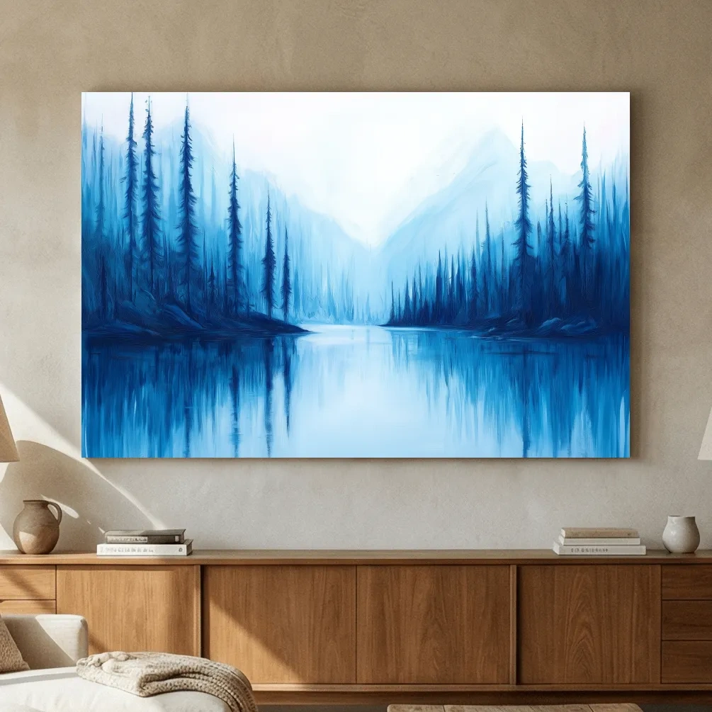 Misty Blue Alpine Lake & Pine Forest - Impressionist Landscape Painting Artwork